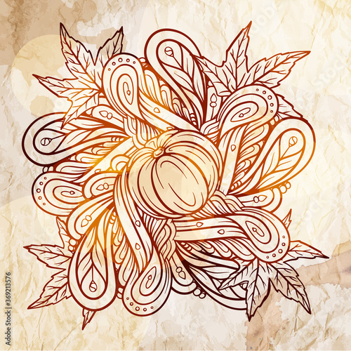 Black and white autumn motif on a grunge paper background. Pumpkins and autumn leaves decorative illustration