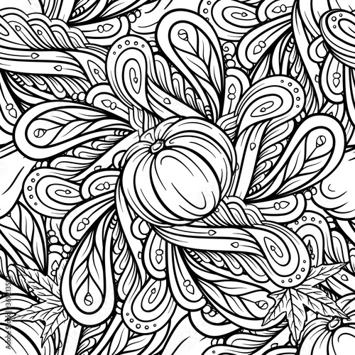 Black and white autumn vector seamless pattern. Pumpkins and autumn leaves background.