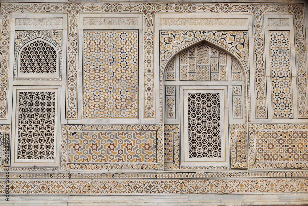 Exterior wall, detail with niche, Mausoleum of Etmaduddaula or Itmad-ud-Daula tomb often regarded as a draft of the Taj Mahal, Agra, Uttar Pradesh, India