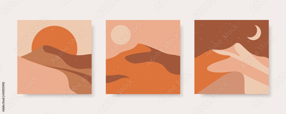 Set of abstract contemporary backgrounds in earth colors. Desert landscape in boho style. Concept vector templates for social media, websites, poster, cover.