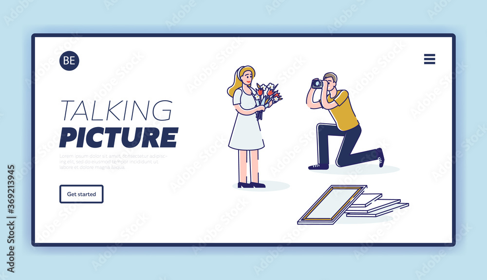 Photographer working, Template landing page design. Man taking photo of beautiful woman hold flowers