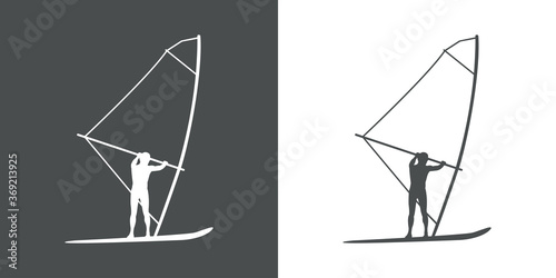 Concepto actividades para vacaciones de verano. Silueta windsurfista en fondo gris y fondo blanco