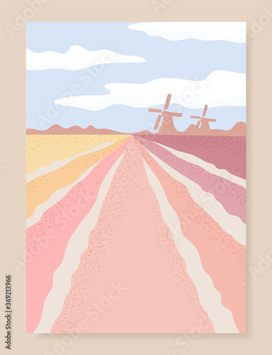 Netherlands landscape with tulips field and windmill. Holland background. Vector design template for posters, covers, greeting card.