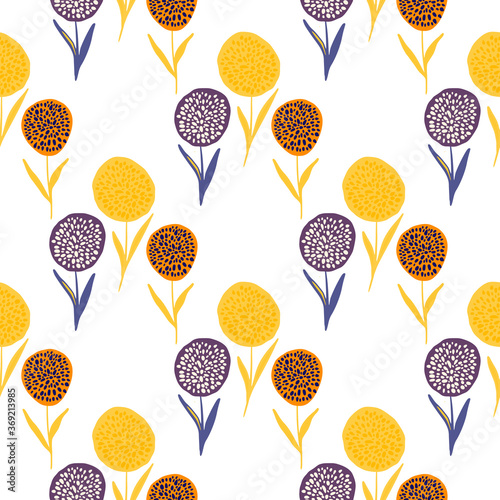 Isolated dandelion flowers silhouettes seamless pattern. White background with yellow, purple and orange botanic ornament.