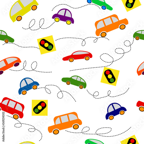 Pattern with children's multi-colored cars and traffic lights. Vector illustration. Seamless pattern.
