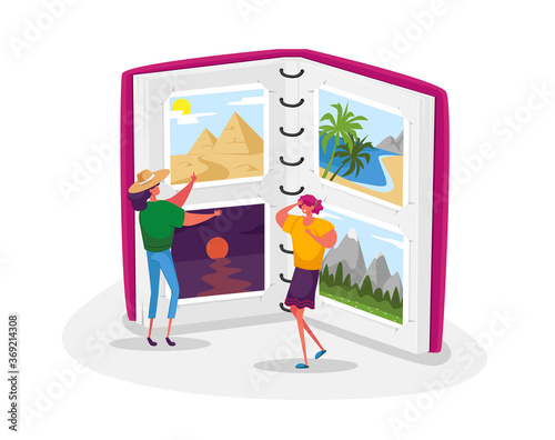 Summer Time Vacation, Memory After Trip. Tiny Women Look Traveling Pictures in Huge Photo Album, Tropical Beach Resort