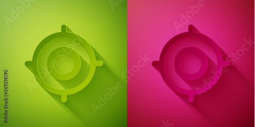 Paper cut Target sport icon isolated on green and pink background. Clean target with numbers for shooting range or shooting. Paper art style. Vector Illustration.