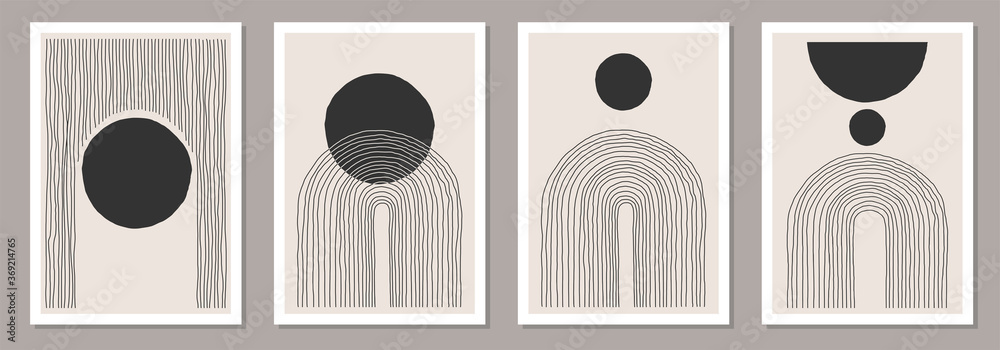 Trendy set of abstract creative minimal artistic hand sketched compositions - obrazy, fototapety, plakaty 