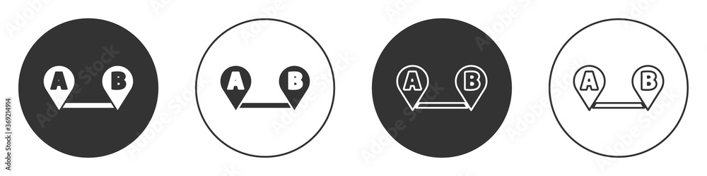 Black Route location icon isolated on white background. Map pointer sign. Concept of path or road. GPS navigator. Circle button. Vector Illustration.