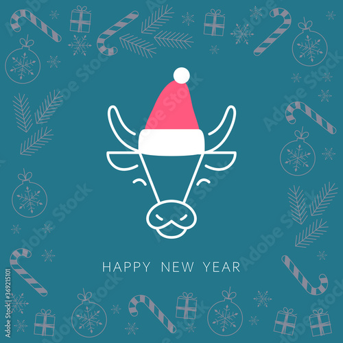 2021 New year. 2021 design. New year symbol. 2021 logo design. Chinese horoscope metal ox with Santa Claus hat with 2021. Flat minimalistic vector illustration. Ox horoscope sign