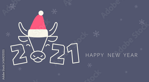 2021 New year. 2021 design. New year symbol. 2021 logo design. Chinese horoscope metal ox with Santa Claus hat with 2021. Flat minimalistic vector illustration. Ox horoscope sign