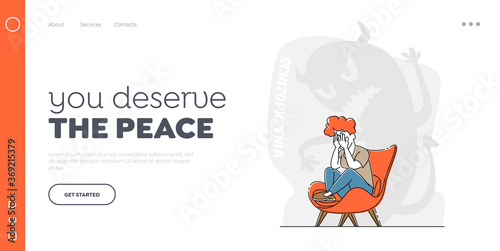 Schizophrenia Mental Disorder, Dissociative Identity Landing Page Template. Female Character with Borderline Illness Cry