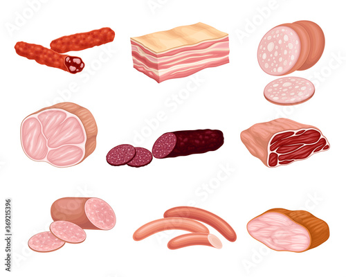 Meat Products with Salami, Bacon and Sausage Vector Set