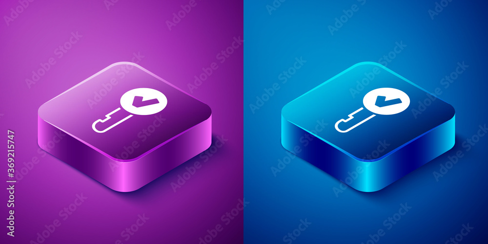Isometric Key icon isolated on blue and purple background. Square button. Vector Illustration. Isometric Key icon isolated on blue and purple background. Square button. Vector Illustration.