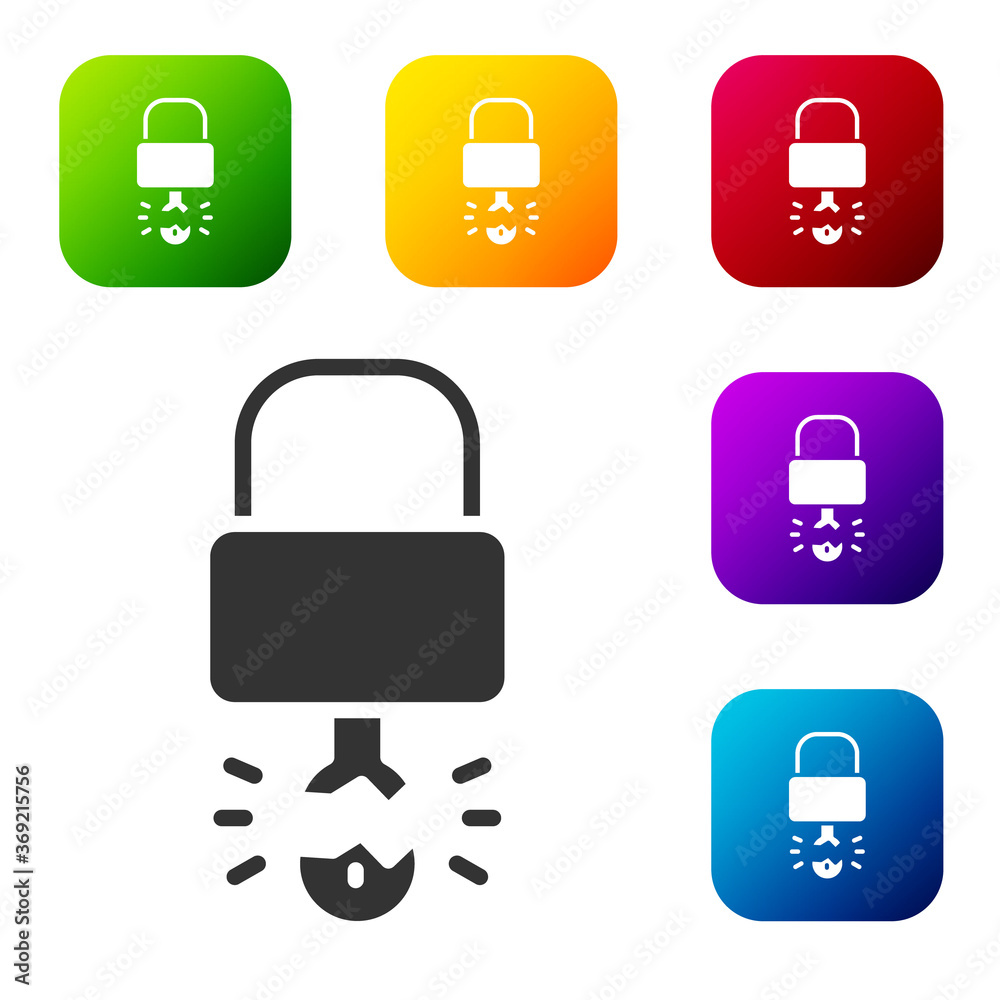 Black Key broke inside of padlock icon isolated on white background. Padlock sign. Security, safety, protection, privacy concept. Set icons in color square buttons. Vector Illustration. Black Key broke inside of padlock icon isolated on white background. Padlock sign. Security, safety, protection, privacy concept. Set icons in color square buttons. Vector Illustration.