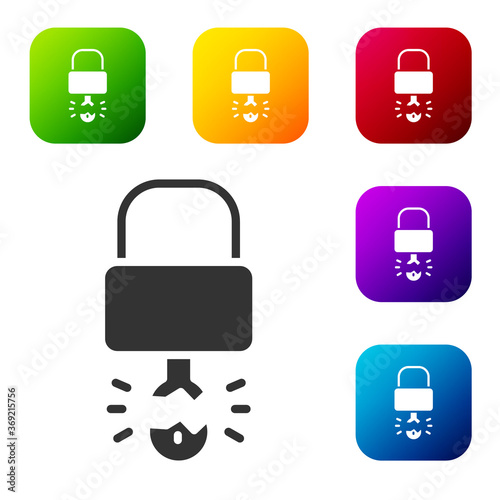 Black Key broke inside of padlock icon isolated on white background. Padlock sign. Security, safety, protection, privacy concept. Set icons in color square buttons. Vector Illustration.