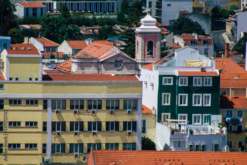 Panoramic view of historical buildings in the downtown area of Lisbon, the hilly coastal capital city of Portugal and one of the oldest cities in Europe
 #369215762