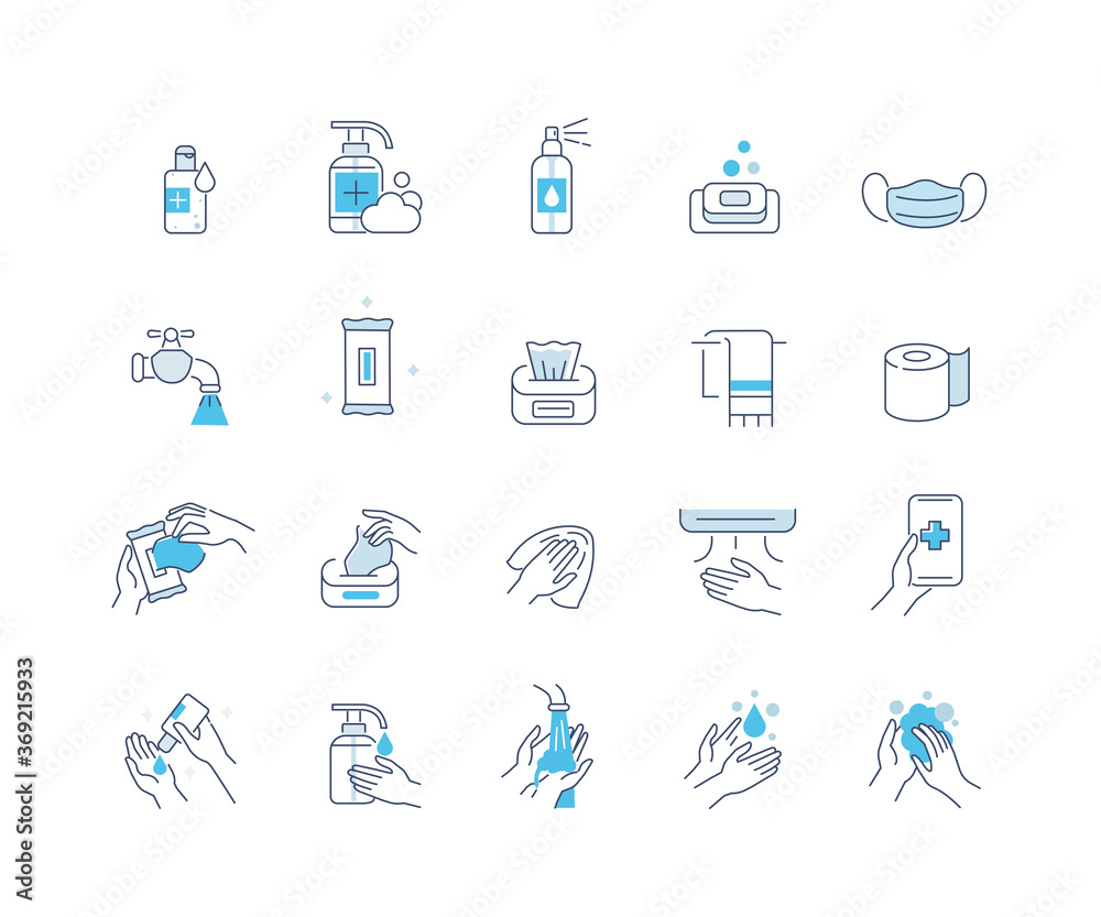 Hygiene Icons Set. Soap, Antiseptic Gel, Cleaning Tissues, Medical Mask and other Hygienic Products. Washing Hand with Soap. Cleaning Products Signs Collection. Flat Line Cartoon Vector Illustration. - obrazy, fototapety, plakaty 