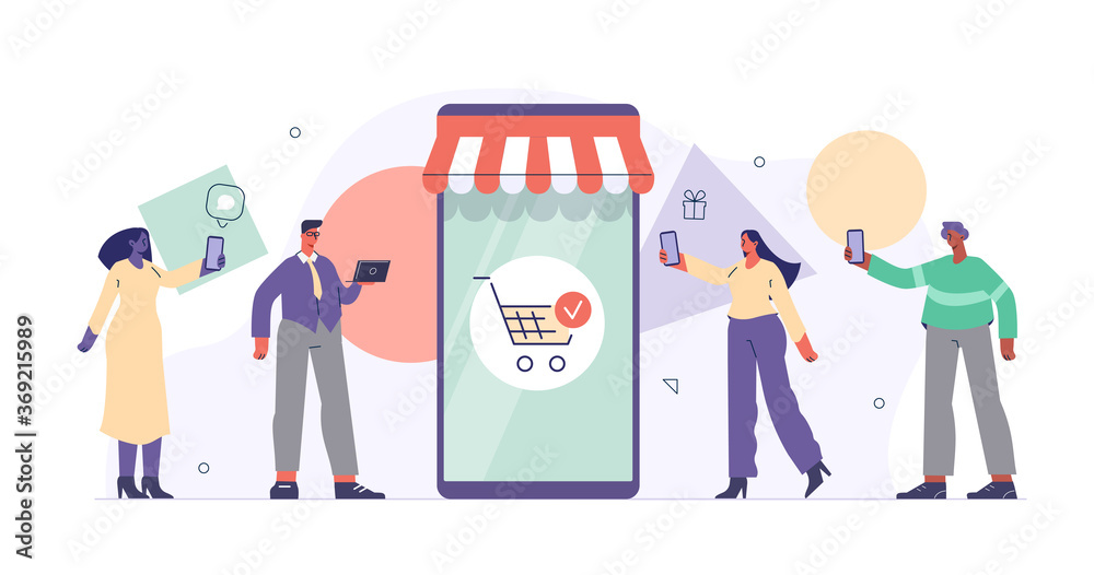 People Shopping and Buying Online on Smartphone. Female and Male Characters Making Order in Mobile App. Mobile Commerce and Online Shopping Concept.  Flat Cartoon Vector Illustration.