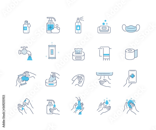Hygiene Icons Set. Soap, Antiseptic Gel, Cleaning Tissues, Medical Mask and other Hygienic Products. Washing Hand with Soap. Cleaning Products Signs Collection. Flat Line Cartoon Vector Illustration.