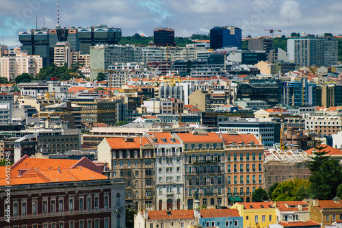 Panoramic view of historical buildings in the downtown area of Lisbon, the hilly coastal capital city of Portugal and one of the oldest cities in Europe 