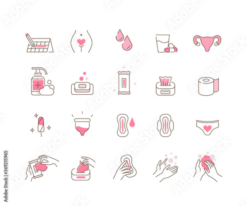 Woman Menstruation Cycle Icons Collection. Gynecological hygiene Products. Pad, Menstrual Cup, Tampons. Feminine Intimate Hygiene for Period. Flat Line Cartoon Vector Illustration. photo