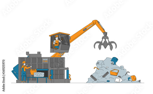 Scrapmetal Recycling and Reuse Concept. Workers in Uniform Control Crane Arm Loading and Press Metal Scrap on Scrapyard