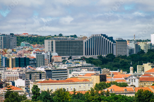 Panoramic view of historical buildings in the downtown area of Lisbon, the hilly coastal capital city of Portugal and one of the oldest cities in Europe 