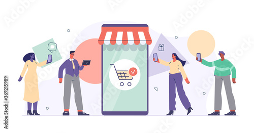 People Shopping and Buying Online on Smartphone. Female and Male Characters Making Order in Mobile App. Mobile Commerce and Online Shopping Concept. Flat Cartoon Vector Illustration.