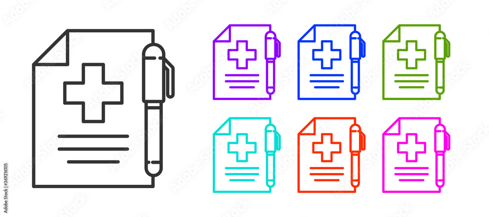 Black line Medical prescription and pen icon isolated on white background. Rx form. Recipe medical. Pharmacy or medicine symbol. Set icons colorful. Vector Illustration. Black line Medical prescription and pen icon isolated on white background. Rx form. Recipe medical. Pharmacy or medicine symbol. Set icons colorful. Vector Illustration.
