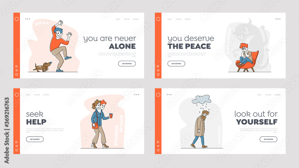 Characters Mental Problems Landing Page Template Set. Bipolar Disorder, Insomnia, Kynophobia, Depression, Schizophrenia