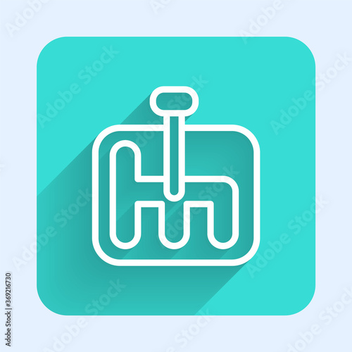 White line Gear shifter icon isolated with long shadow. Transmission icon. Green square button. Vector Illustration.