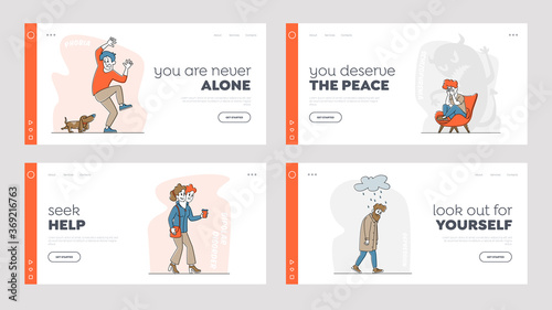 Characters Mental Problems Landing Page Template Set. Bipolar Disorder, Insomnia, Kynophobia, Depression, Schizophrenia