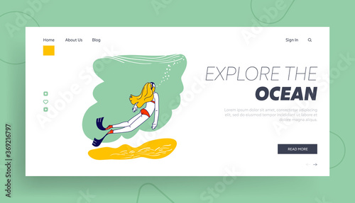 Free Diving Activity Landing Page Template. Woman Freediver Relax Snorkeling with Mask and Fins. Girl Explore Sea Bottom