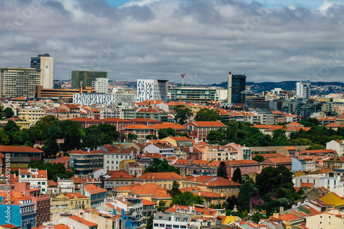 Panoramic view of historical buildings in the downtown area of Lisbon  the hilly coastal capital city of Portugal and one of the oldest cities in Europe 