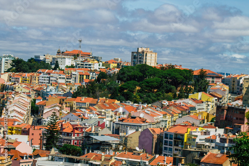Panoramic view of historical buildings in the downtown area of Lisbon, the hilly coastal capital city of Portugal and one of the oldest cities in Europe
