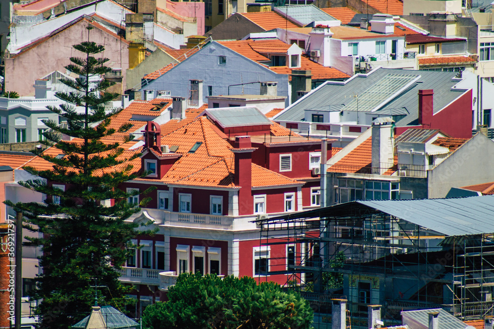 Panoramic view of historical buildings in the downtown area of Lisbon, the hilly coastal capital city of Portugal and one of the oldest cities in Europe
