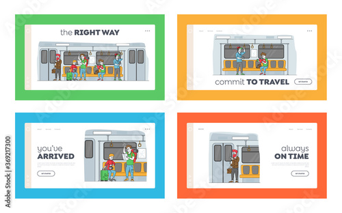 People Going by Subway Landing Page Template Set. Passengers in Underground. Characters Inside Underpass Transportation