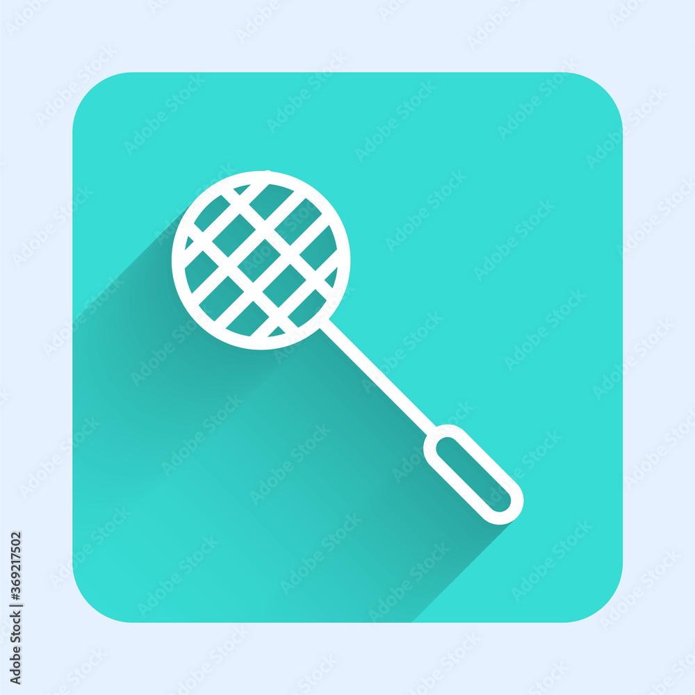 White line Tennis racket icon isolated with long shadow. Sport equipment. Green square button. Vector Illustration. White line Tennis racket icon isolated with long shadow. Sport equipment. Green square button. Vector Illustration.