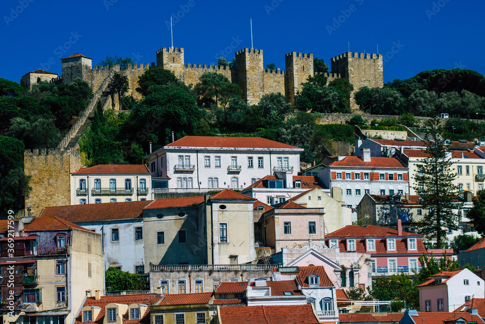 Panoramic view of historical buildings in the downtown area of Lisbon, the hilly coastal capital city of Portugal and one of the oldest cities in Europe
