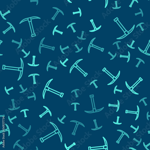 Green line Pickaxe icon isolated seamless pattern on blue background. Vector Illustration.