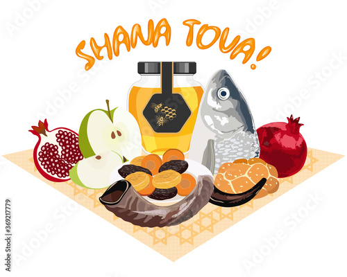 Traditional food for jewish holiday roch hashanah (new year): fish head, tzimmes, apple, pomegranate, honey and challach. Vector illustration