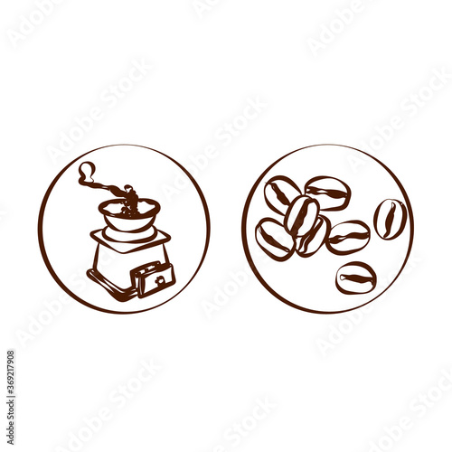 Set of coffee emblems a manual coffee grinder and a handful of coffee beans on a white background