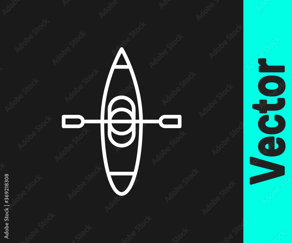 White line Kayak and paddle icon isolated on black background. Kayak and canoe for fishing and tourism. Outdoor activities. Vector Illustration.