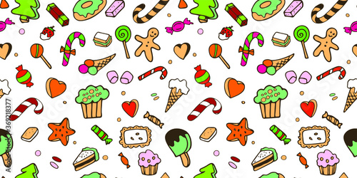 Fototapeta Naklejka Na Ścianę i Meble -  Seamless pattern. A large set of images of Doodle elements on the theme of sweet Christmas. The color is drawn by hand . on a transparent background.