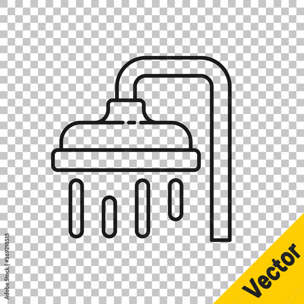 Obraz premium Black line Shower head with water drops flowing icon isolated on transparent background. Vector Illustration.
