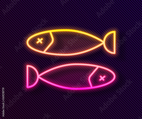 Glowing neon line Dried fish icon isolated on black background. Vector Illustration.