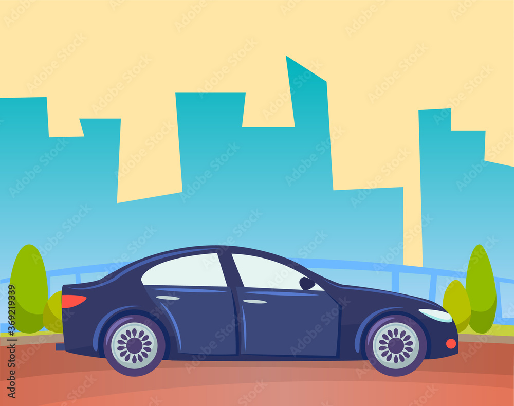 Transport in city vector, car riding on road of village or town. Cityscape with silhouette of skyscrapers and infrastructure. Automobile vehicle transportation illustration in flat style design