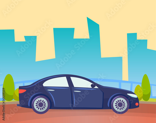 Fototapeta Naklejka Na Ścianę i Meble -  Transport in city vector, car riding on road of village or town. Cityscape with silhouette of skyscrapers and infrastructure. Automobile vehicle transportation illustration in flat style design