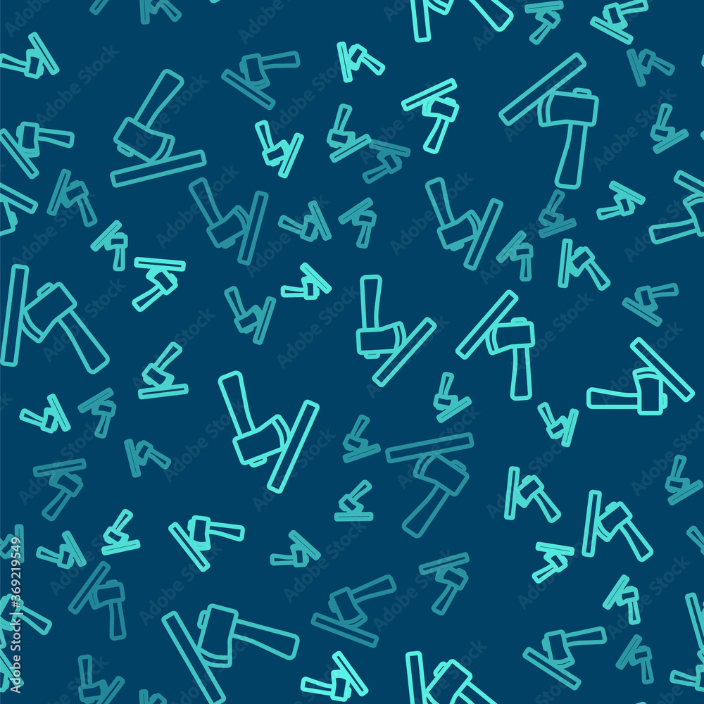 Green line Wooden axe icon isolated seamless pattern on blue background. Lumberjack axe. Vector Illustration. Green line Wooden axe icon isolated seamless pattern on blue background. Lumberjack axe. Vector Illustration.